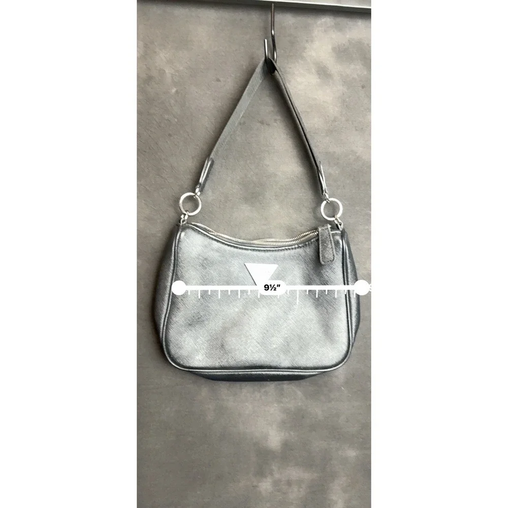 GUESS Y2K Black Saffiano Shoulder Bag Silver Triangle Logo Hobo Purse Minimalist